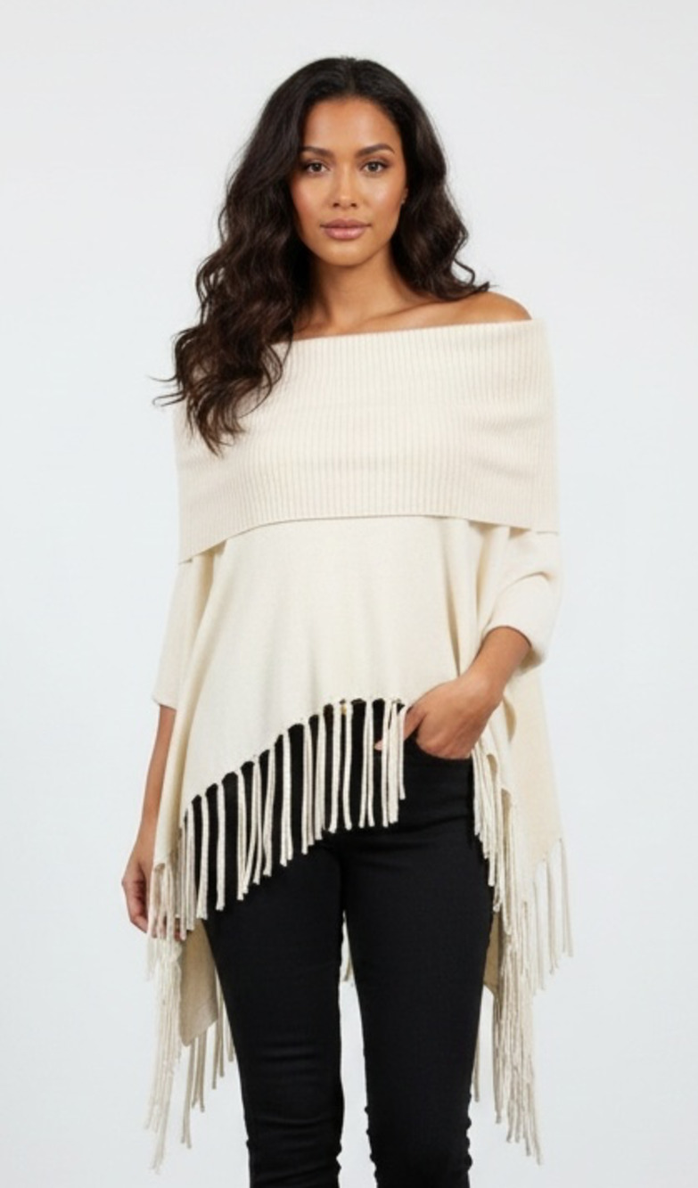 Michael Michael Kors Off-Shoulder Fringe Hem Knit Poncho Sweater